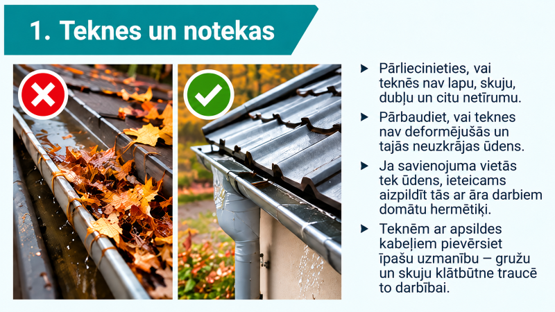 Informatīvs vizuālis “1. Teknes un notekas”. Salīdzinājumā parādīta ar lapām un gružiem aizsērējusi tekne un tīra, pareizi funkcionējoša tekne. Tekstā aicināts pārbaudīt, vai teknēs nav netīrumu, deformāciju un ūdens uzkrājumu, novērst noplūdes savienojumu vietās un īpašu uzmanību pievērst teknēm ar apsildes kabeļiem.