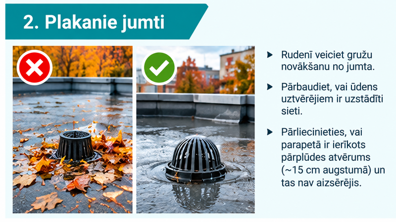 Informatīvs vizuālis “2. Plakanie jumti”. Salīdzinājumā parādīts ar lapām un gružiem aizsērējis jumta ūdens uztvērējs un tīrs, pareizi funkcionējošs uztvērējs ar aizsargsietu. Tekstā aicināts rudenī notīrīt jumtu, pārbaudīt ūdens uztvērēju sietus un pārliecināties, ka parapeta pārplūdes atvērums nav aizsērējis.