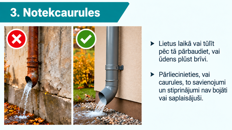 Informatīvs vizuālis “3. Notekcaurules”. Salīdzinājumā parādīta bojāta, sarūsējusi notekcaurule un nebojāta, pareizi nostiprināta notekcaurule. Tekstā aicināts lietus laikā vai uzreiz pēc tā pārbaudīt, vai ūdens plūst brīvi, kā arī pārliecināties, ka caurules, savienojumi un stiprinājumi nav bojāti vai saplaisājuši.