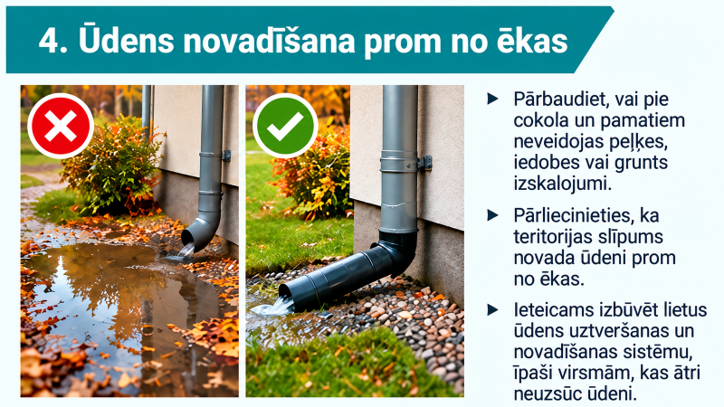 Informatīvs vizuālis “4. Ūdens novadīšana prom no ēkas”. Salīdzinājumā parādīta nepareiza situācija, kur lietusūdens uzkrājas pie ēkas pamatiem, un pareizs risinājums, kur notekcaurule novada ūdeni tālāk no ēkas. Tekstā aicināts pārbaudīt, vai pie cokola un pamatiem neveidojas peļķes un grunts izskalojumi, vai teritorijas slīpums novada ūdeni prom no ēkas, kā arī nepieciešamības gadījumā ierīkot lietusūdens uztveršanas un novadīšanas sistēmu.