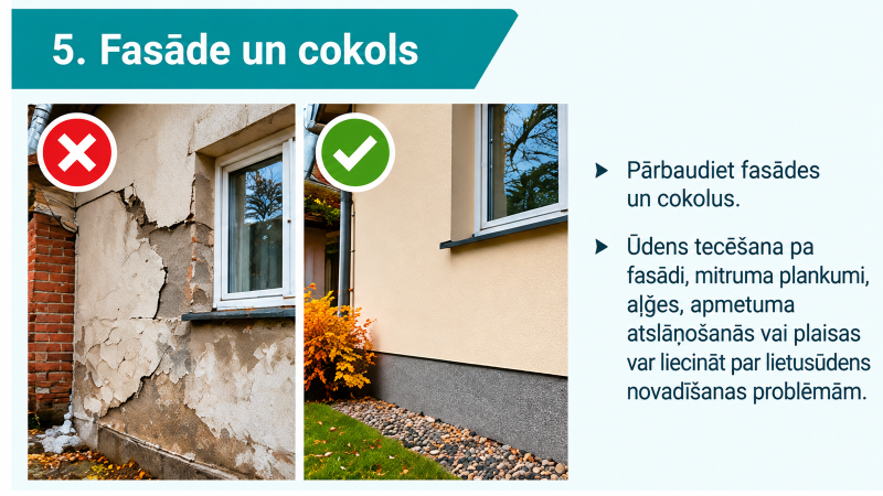 Informatīvs vizuālis “5. Fasāde un cokols”. Salīdzinājumā parādīta bojāta fasāde ar plaisām, atslāņojušos apmetumu un mitruma pazīmēm, kā arī sakopta un nebojāta fasāde. Tekstā aicināts pārbaudīt fasādi un cokolu, jo ūdens tecēšana, mitruma plankumi, aļģes, apmetuma atslāņošanās un plaisas var liecināt par lietusūdens novadīšanas problēmām.