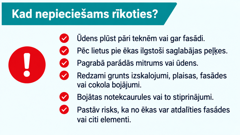 Informatīvs vizuālis “Kad nepieciešams rīkoties?”. Norādītas pazīmes, kas liecina par lietusūdens novadīšanas problēmām: ūdens plūst pāri teknēm vai gar fasādi, pie ēkas ilgstoši saglabājas peļķes, pagrabā parādās mitrums vai ūdens, redzami grunts izskalojumi, plaisas un fasādes vai cokola bojājumi, bojātas notekcaurules vai to stiprinājumi, kā arī pastāv risks, ka no ēkas var atdalīties fasādes vai citi elementi.