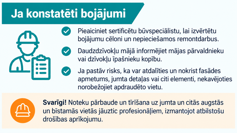 Informatīvs vizuālis “Ja konstatēti bojājumi”. Aicināts pieaicināt sertificētu būvspeciālistu bojājumu cēloņu un remontdarbu izvērtēšanai, daudzdzīvokļu mājā informēt pārvaldnieku vai dzīvokļu īpašnieku kopību, bet bīstamas zonas nekavējoties norobežot. Uzsvērts, ka noteku pārbaude un tīrīšana uz jumta un citās augstās, bīstamās vietās jāuztic profesionāļiem ar atbilstošu drošības aprīkojumu.