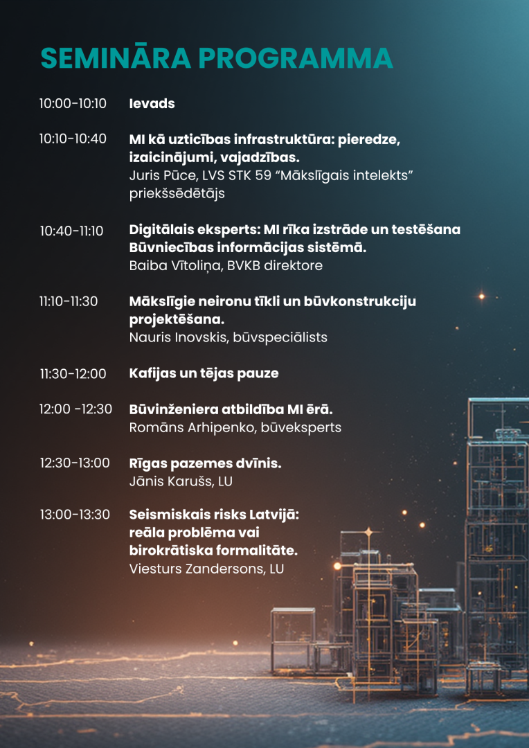 Attēlā redzams futuristisks attēls ar pasākuma programmu