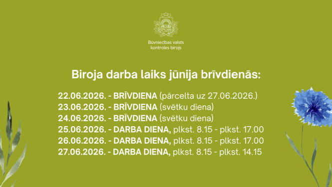Būvniecības valsts kontroles biroja paziņojums par darba laiku 2026. gada jūnija svētku laikā. 22., 23. un 24. jūnijs – brīvdienas (22. jūnija brīvdiena pārcelta uz 27. jūniju). 25. un 26. jūnijā birojs strādā no plkst. 8.15 līdz 17.00, bet 27. jūnijā – no plkst. 8.15 līdz 14.15.