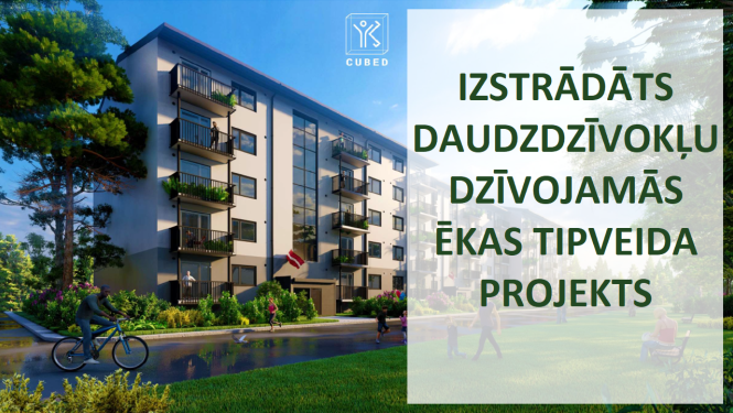 Daudzdzīvokļu ēkas attēls ar tekstu