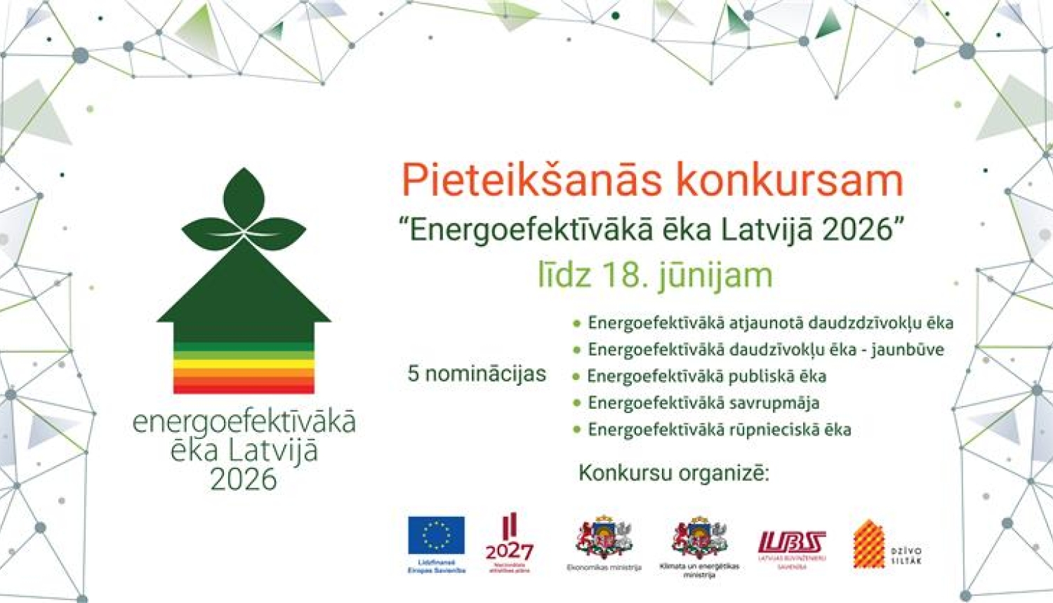 Informatīvs plakāts "Pieteikšanās konkursam “Energoefektīvākā ēka Latvijā 2026” līdz 18. jūnijam". Kreisajā pusē konkursa logo – stilizēta zaļa māja ar lapu jumta virsotnē. Plakātā uzskaitītas 5 nominācijas: Energoefektīvākā atjaunotā daudzdzīvokļu ēka, Energoefektīvākā daudzdzīvokļu ēka - jaunbūve, Energoefektīvākā publiskā ēka, Energoefektīvākā savrupmāja, Energoefektīvākā rūpnieciskā ēka. Apakšā organizatoru un atbalstītāju logo, tostarp Eiropas Savienības, Ekonomikas ministrijas un Klimata un enerģētika
