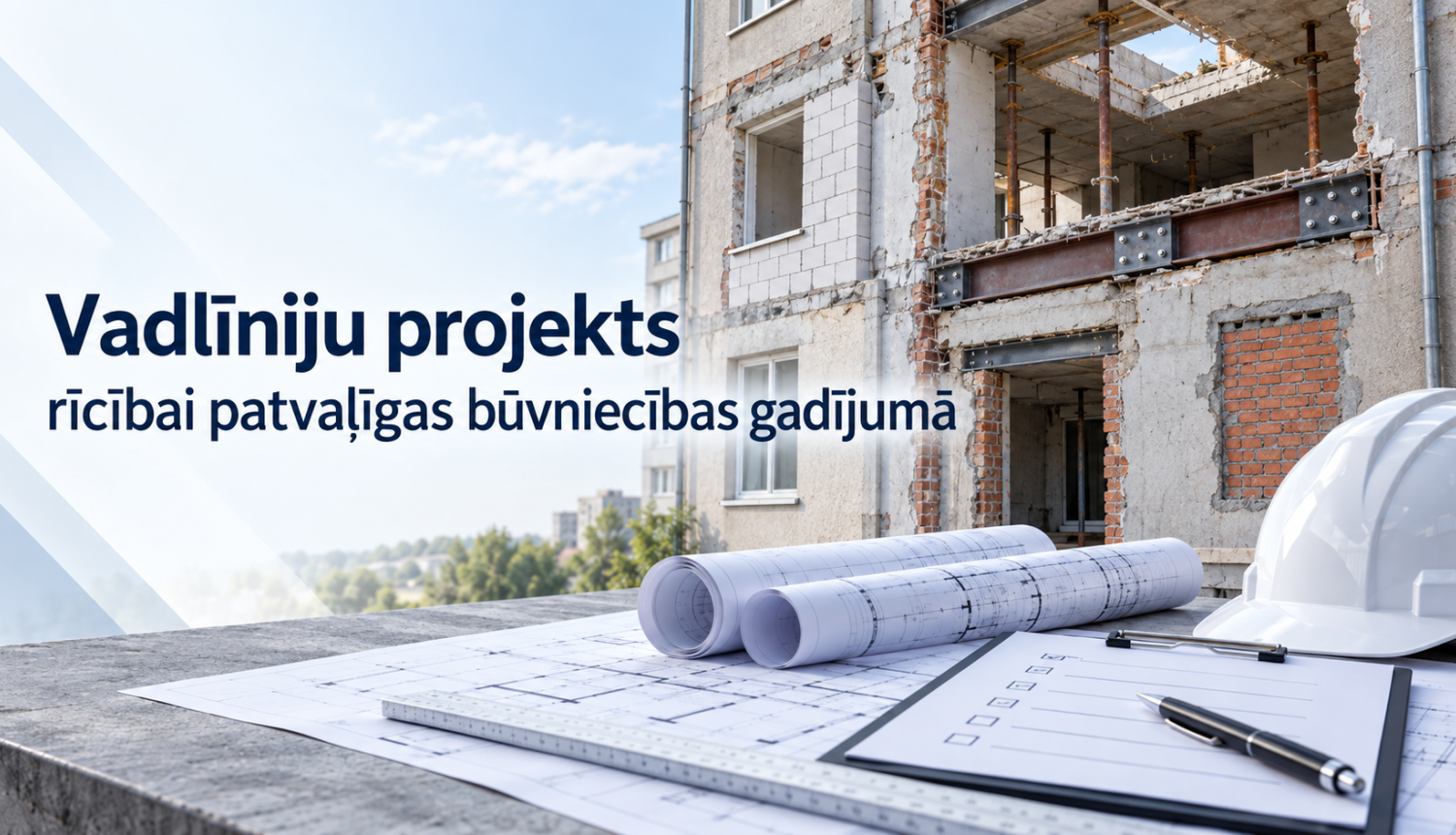 Informatīvs vizuālis "vadlīniju projekts rīcībai pavaļīgas būvniecības gadījumā". Fonā redzama māja, kas tiek rekunstruēta, preikšplānā galds ar skiču ruļliem, pildspalva un celtniecības cepure.