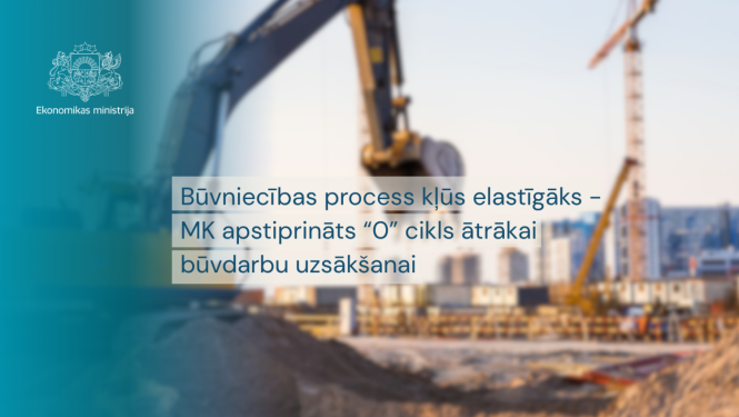 Ekonomikas ministrijas vizuālis par būvniecības procesa izmaiņām. Uz būvlaukuma un būvtehnikas fona redzams teksts: “Būvniecības process kļūs elastīgāks – MK apstiprināts ‘0’ cikls ātrākai būvdarbu uzsākšanai”.