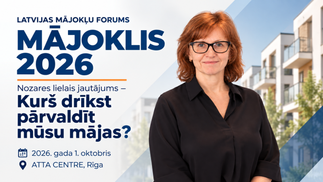 Latvijas Mājokļu foruma “Mājoklis 2026” vizuālis ar BVKB direktori Baibu Vītoliņu. Uz vizuāļa redzams foruma temats “Nozares lielais jautājums – Kurš drīkst pārvaldīt mūsu mājas?”. Pasākums notiks 2026. gada 1. oktobrī ATTA CENTRE, Rīgā.