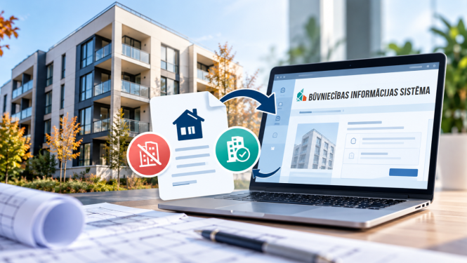 Ilustratīvs attēls par informācijas iesniegšanu Būvniecības informācijas sistēmā. Fonā redzama daudzdzīvokļu ēka, bet priekšplānā – klēpjdators ar BIS vidi un dokumenta simboli, kas attēlo ziņošanu par ēkas ekspluatācijas statusu.