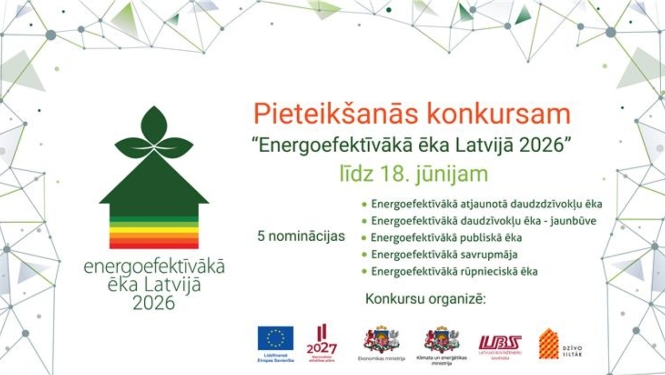 Informatīvs plakāts "Pieteikšanās konkursam “Energoefektīvākā ēka Latvijā 2026” līdz 18. jūnijam". Kreisajā pusē konkursa logo – stilizēta zaļa māja ar lapu jumta virsotnē. Plakātā uzskaitītas 5 nominācijas: Energoefektīvākā atjaunotā daudzdzīvokļu ēka, Energoefektīvākā daudzdzīvokļu ēka - jaunbūve, Energoefektīvākā publiskā ēka, Energoefektīvākā savrupmāja, Energoefektīvākā rūpnieciskā ēka. Apakšā organizatoru un atbalstītāju logo, tostarp Eiropas Savienības, Ekonomikas ministrijas un Klimata un enerģētika