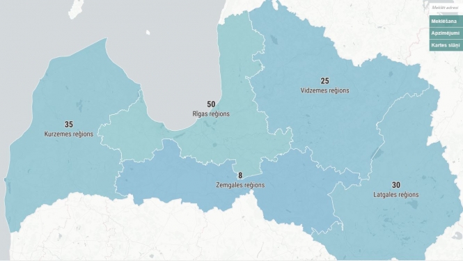 Latvijas karte ar slēgto objektu skaitu reģionos
