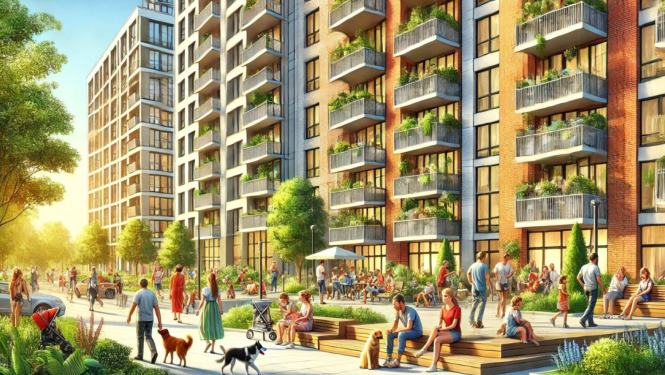 Daudzstāvu māja un tās pagalms