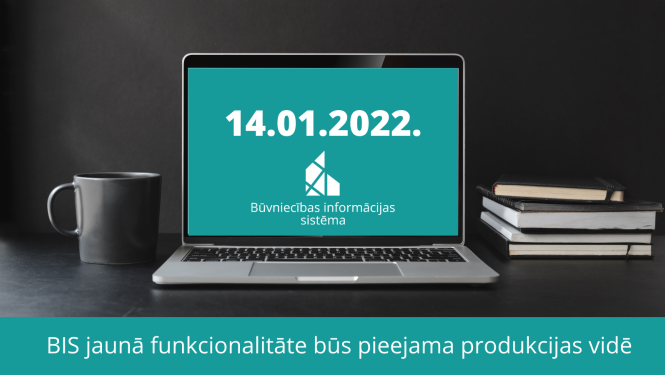 Datora ekrānā datums un BIS logo