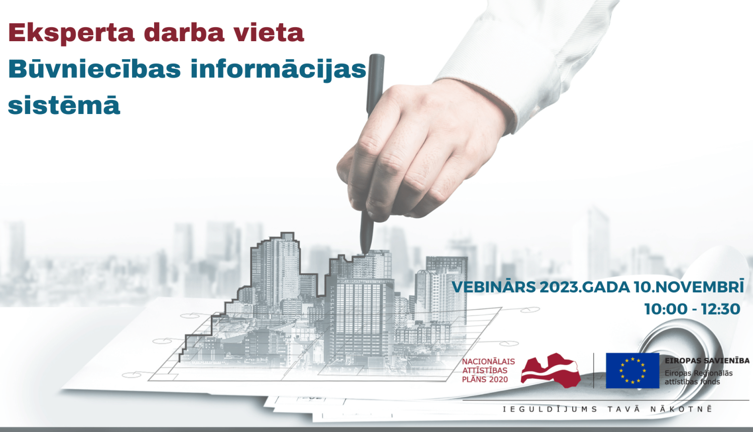 Attēls ar celtni un vebināra nosaukumu
