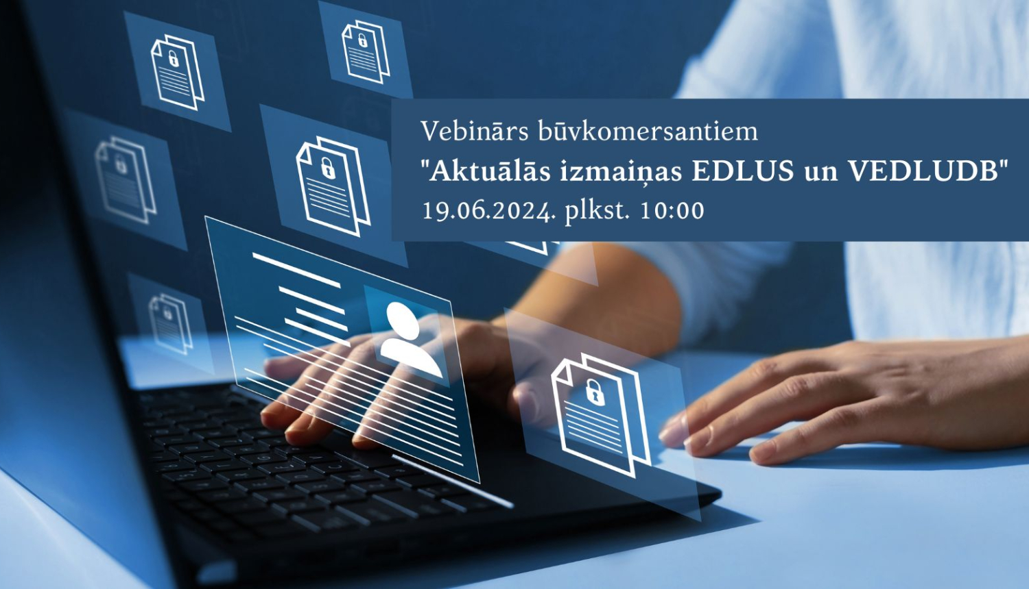 Attēls ar datoru un vebināra nosaukumu