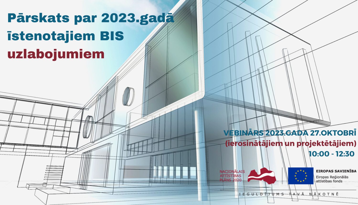 Foto ar biroju ēku un vebināra datumu un nosaukumu