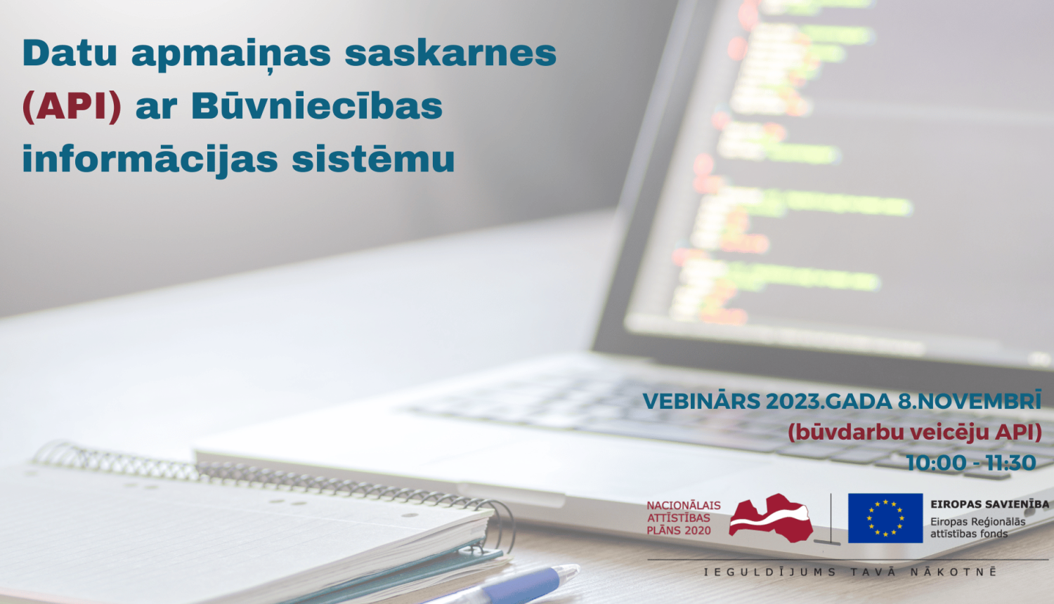 Attēls ar datoru un vebināra nosaukumu