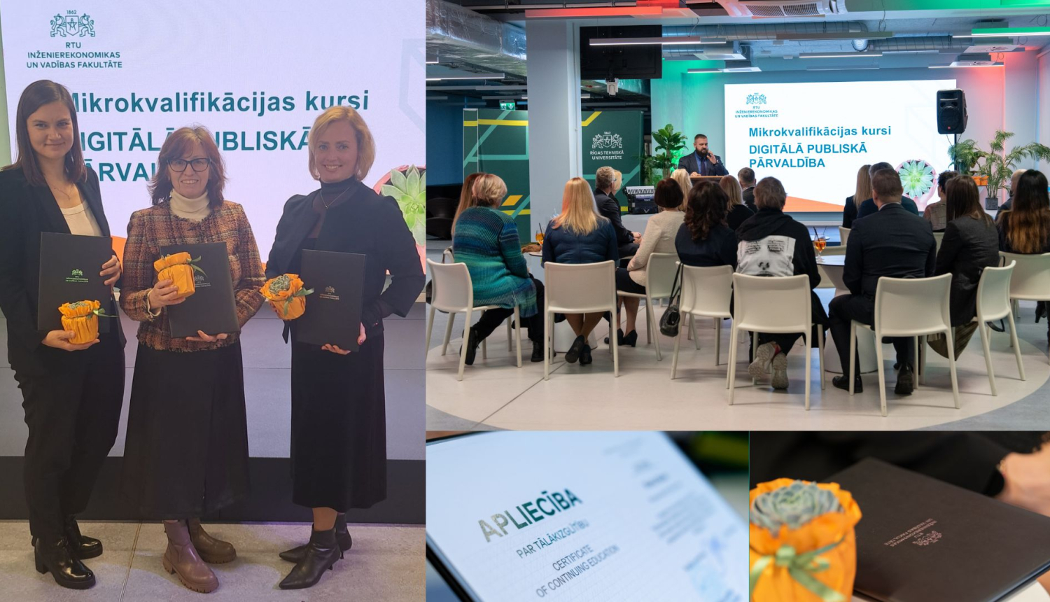 Kolāža ar kursa absolventiem un viņu diplomiem