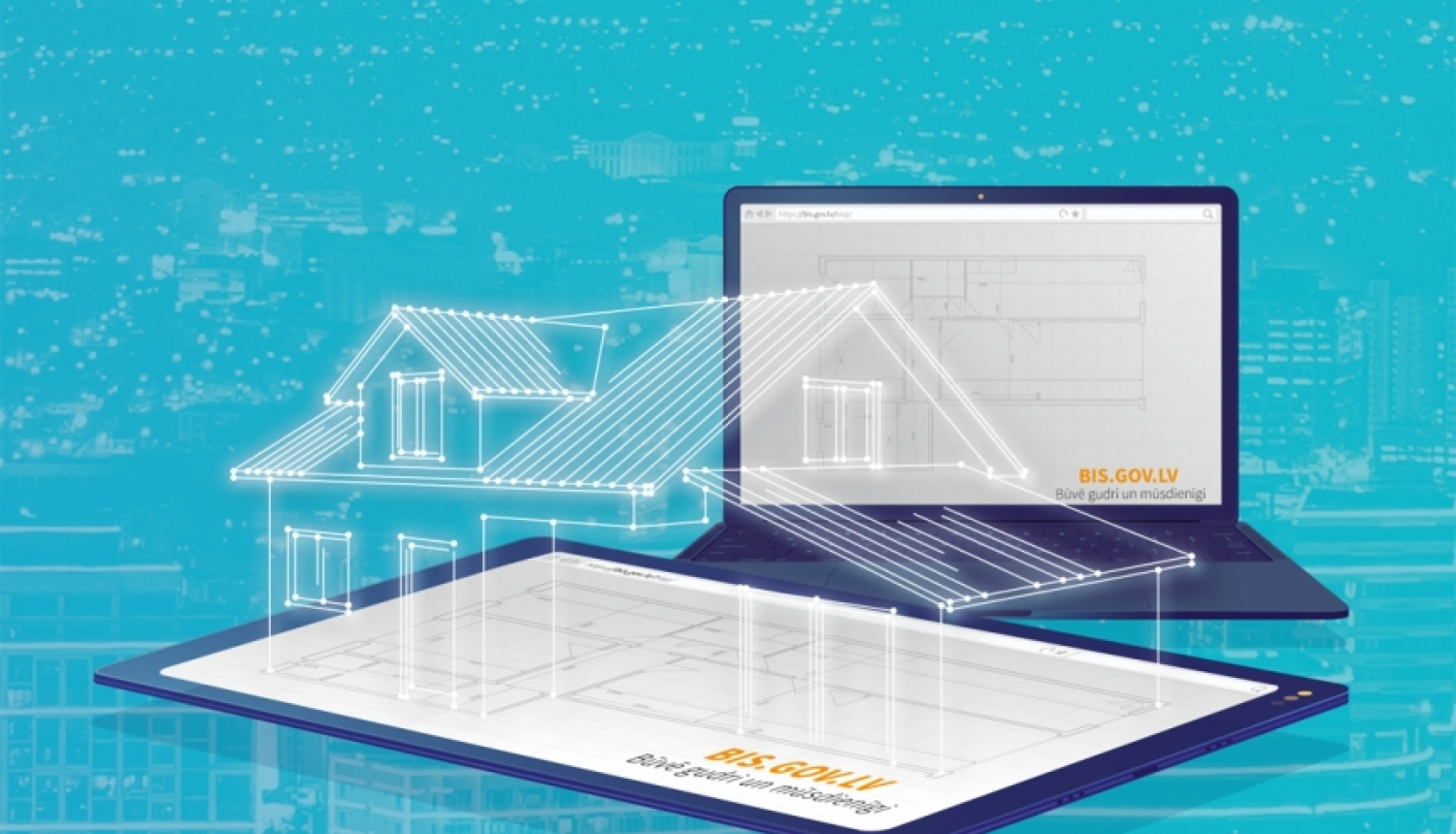 Attēls ar datoru un mājas kontūru