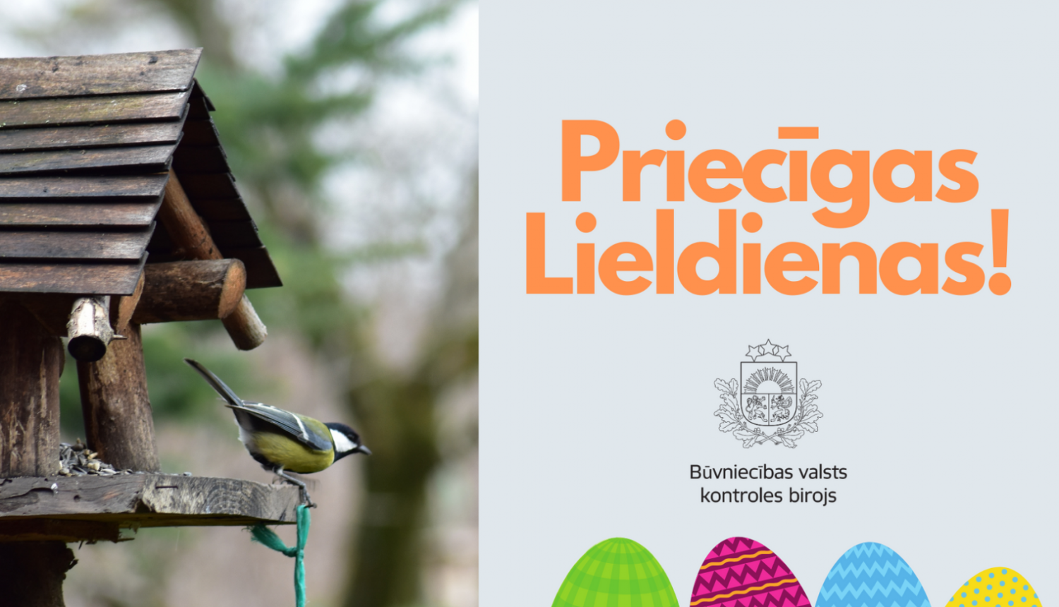 Attēlā putnu barotava un zīlīte, kā arī apsveikums Lieldienās
