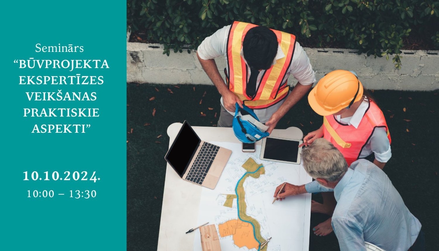 Semināra nosaukums un būvnieki pie datora