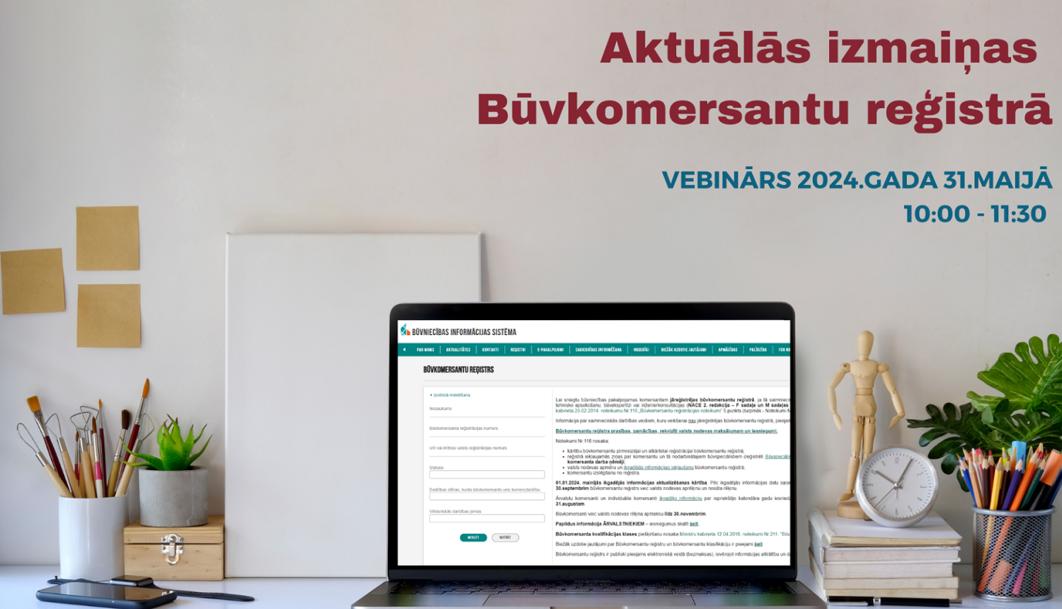 Attēls ar datoru un vebināra nosaukumu