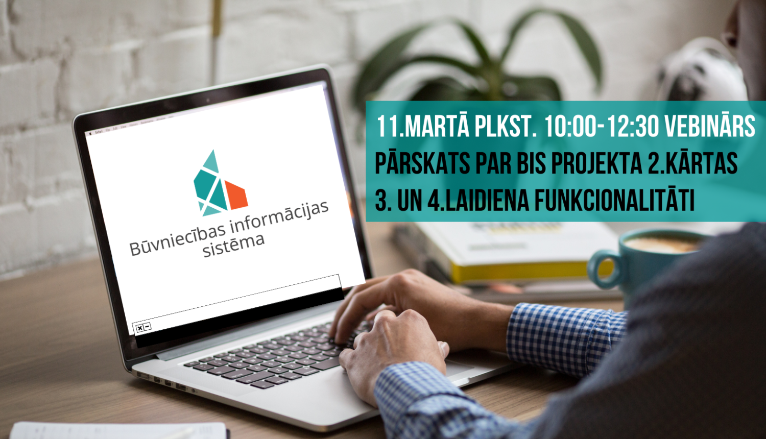 Dators ar BIS logo un vebināra nosaukumu