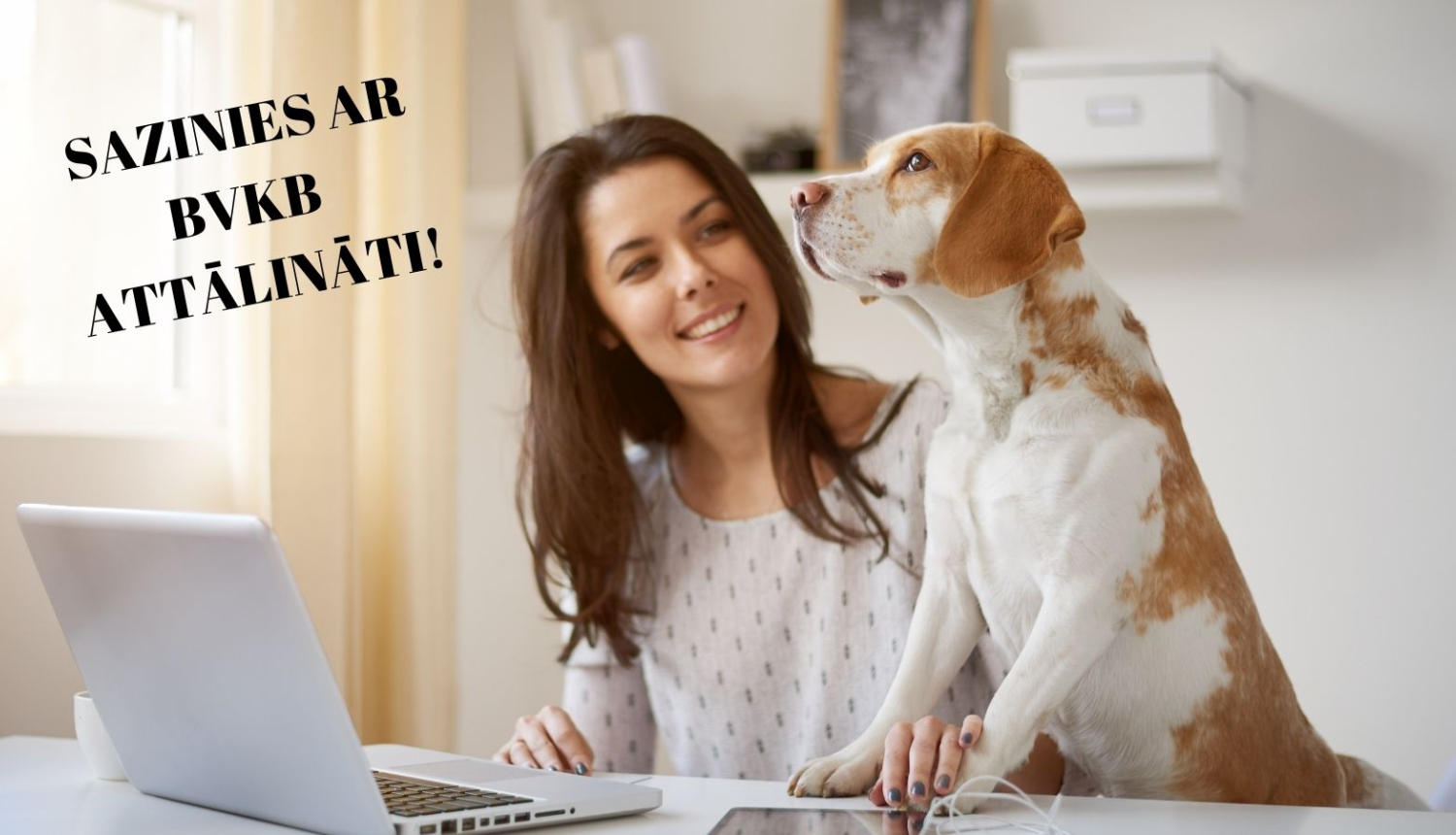 Sieviete pie datora ar suni blakus